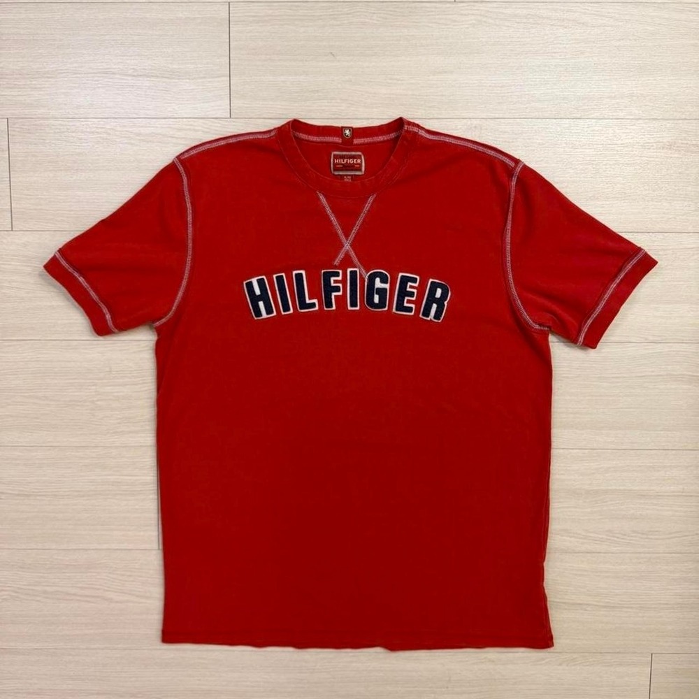 Y2K Tommy Hilfiger Embroidered Spellout Red Short Sleeve Shirt Mens Size Large